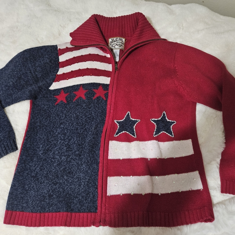 Patriotic <2003> stunning Zip front cardigan